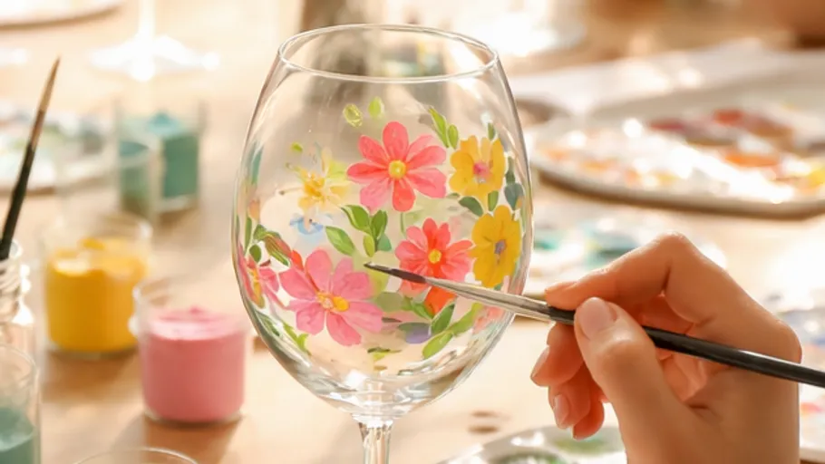 Hand painting flowers on a wine glass.