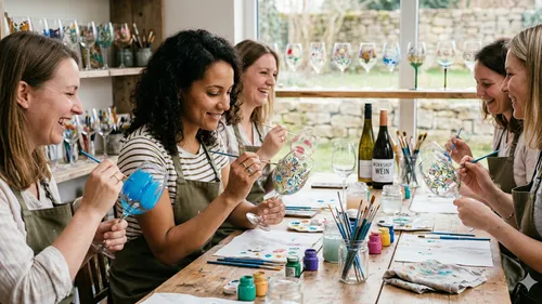 Women painting glasses at wooden table indoors.