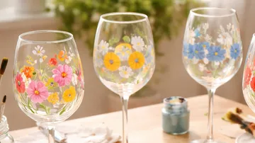 Bemalte Weingläser mit Blumendesigns drinnen.