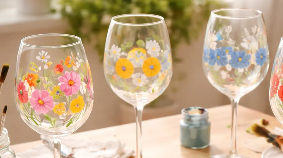 Painted wine glasses with floral designs indoors.