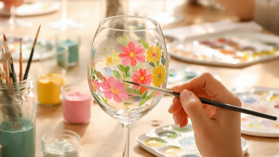 Hand painting floral design on wine glass.