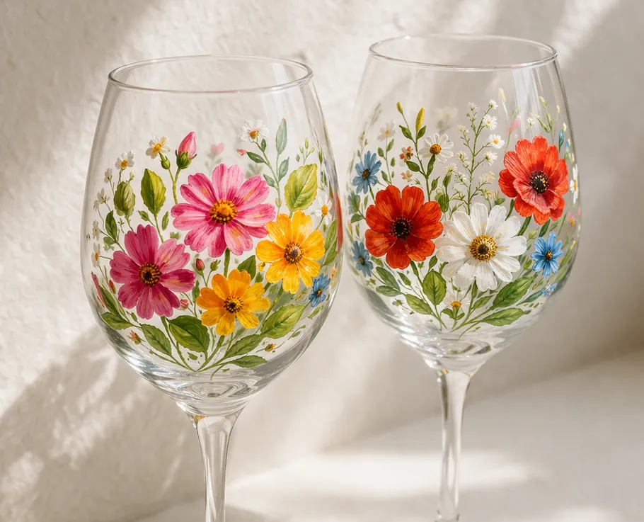 Two wine glasses with colorful flower designs.