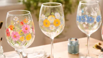 Bemalte Weingläser mit Blumendesigns auf Tisch.