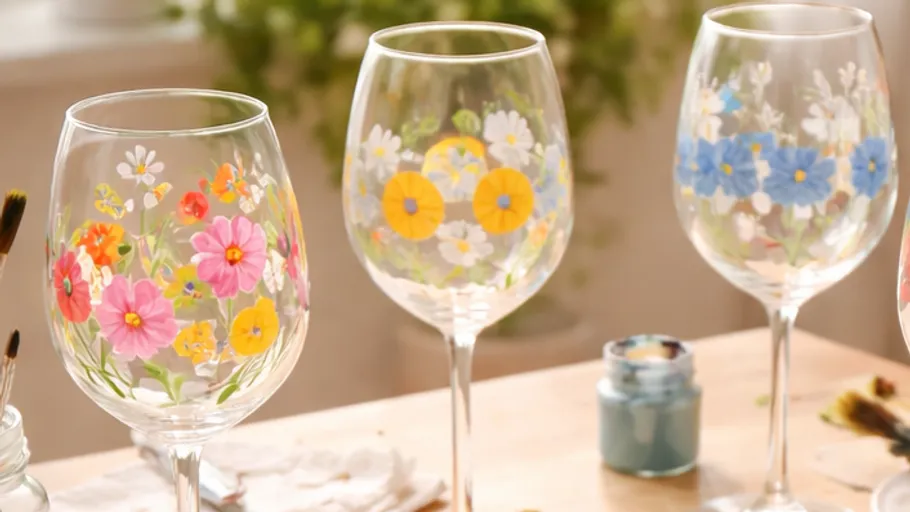 Painted wine glasses with floral designs on table.