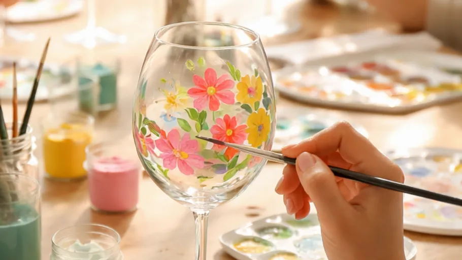 Hand painting floral design on wine glass.