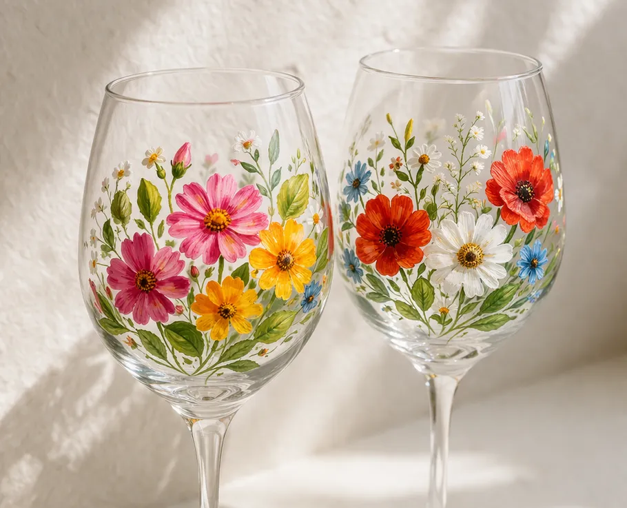 Two wine glasses painted with colorful flowers.