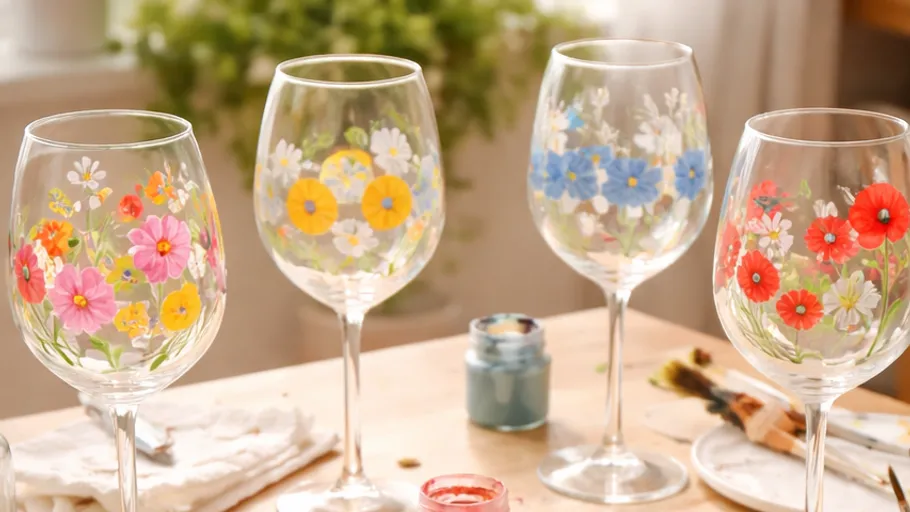 Painted wine glasses with floral designs on table.