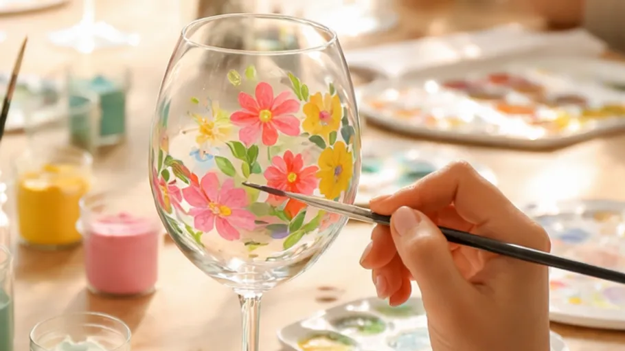 Hand painting flowers on a wine glass.