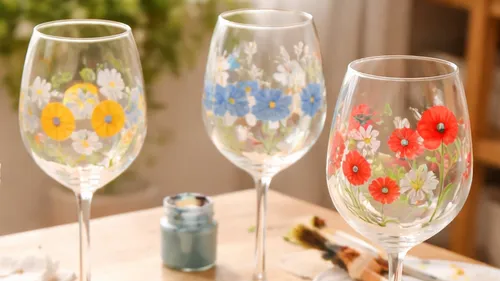 Painted wine glasses with floral designs on table.