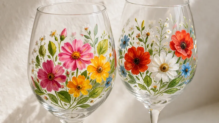 Flower-painted wine glasses in sunlight.