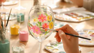 Hand bemalt Blumen auf einem Weinglas.