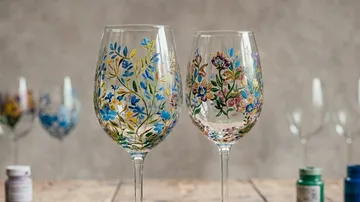 Handbemalte Weingläser mit Blumendesigns ausgestellt.