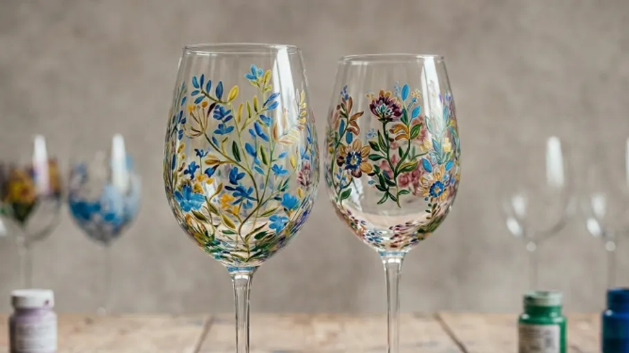 Handbemalte Weingläser mit Blumendesigns ausgestellt.