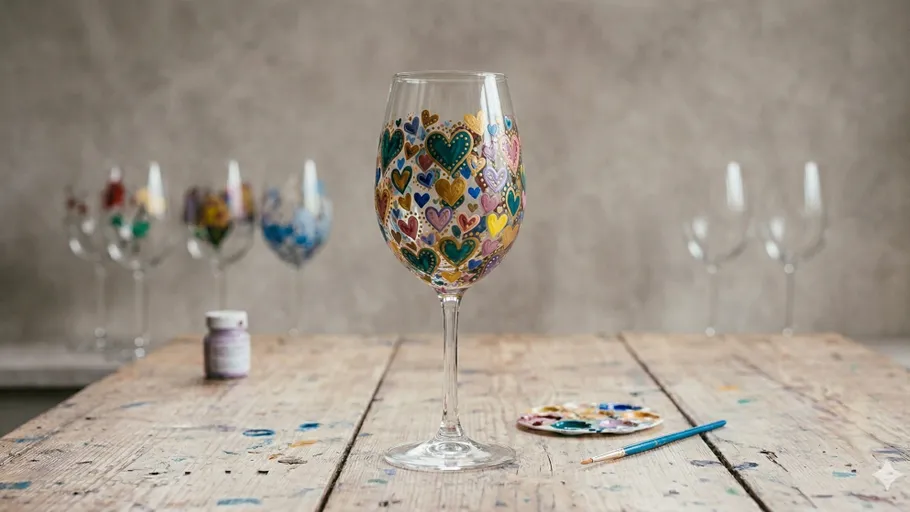 Decorated wine glass with colorful hearts, wooden table.