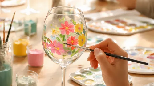 Hand bemalt Weinglas mit Blumenmotiv.