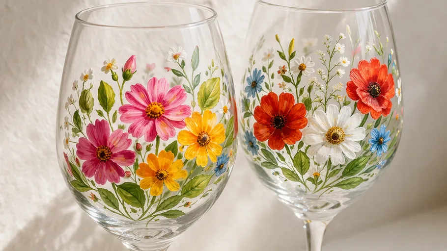 Two glasses with colorful floral designs.