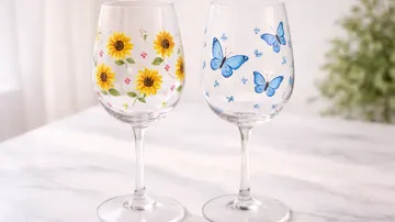 Dekorierte Weingläser mit Blumen und Schmetterlingen.