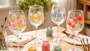 Handbemalte Blumen-Weingläser auf Holztisch.