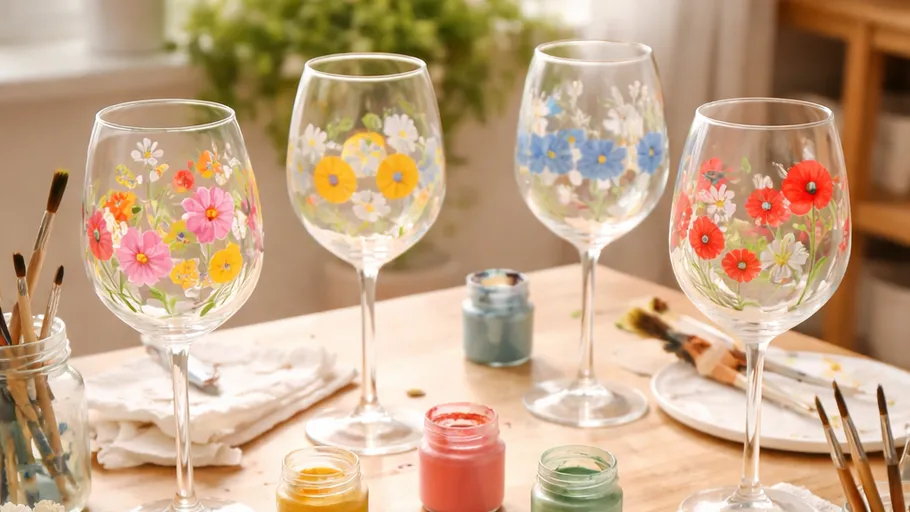 Hand-painted floral wine glasses on wooden table.