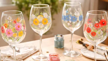 Painted wine glasses with floral designs on table.