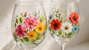Two wine glasses with colorful floral designs.