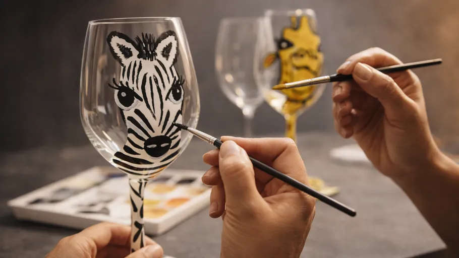 Hands painting animal designs on wine glasses.