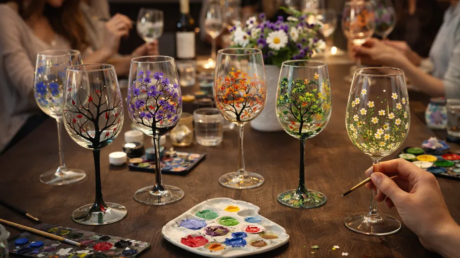 Decorated wine glasses on wooden table, people painting.