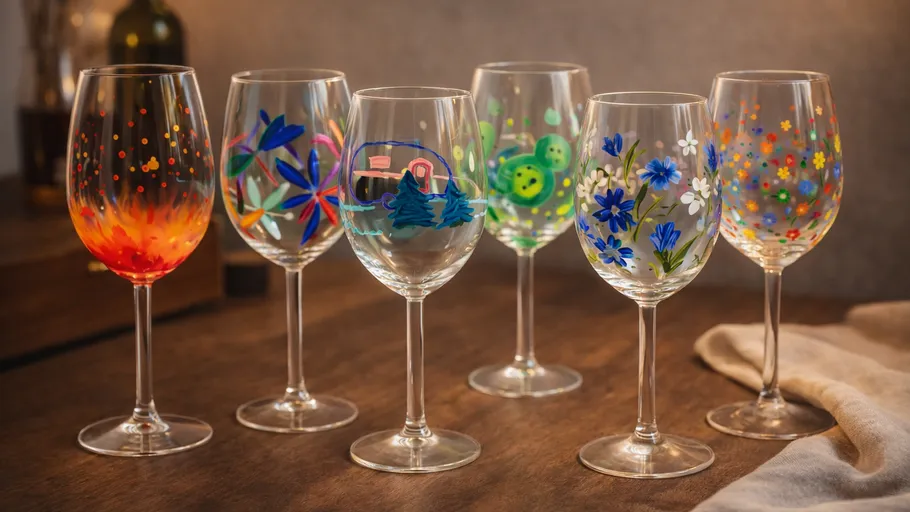Six colorful hand-painted wine glasses on table.