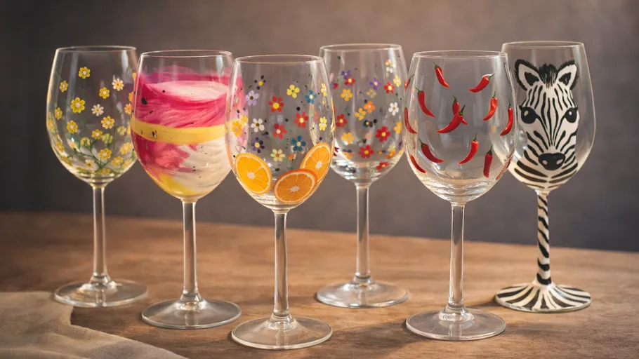 Decorative wine glasses with colorful designs.