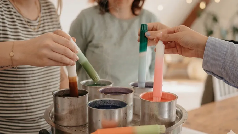 Hands dipping candles in colored wax.