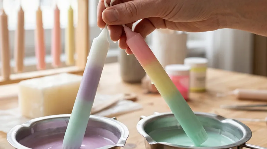 Hand taucht Kerzen in bunte Wachsgefäße.