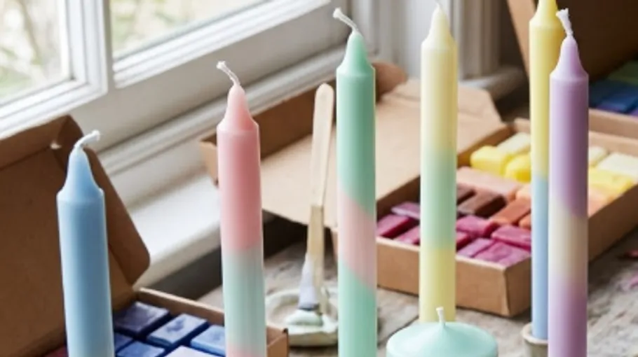 Bunte Kerzen auf Holztisch am Fenster.