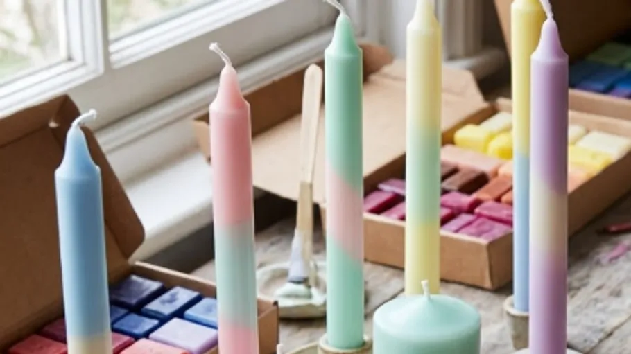 Colorful candles on table near window.