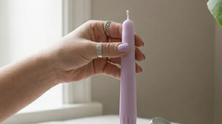 Hand holding a purple candle indoors.