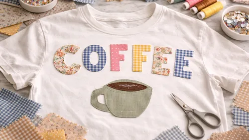 T-shirt with colorful letters spelling "COFFEE".