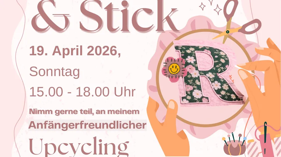 Hands embroidering letter R, pink background.