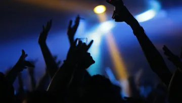 Silhouettes raise hands in vibrant nightclub.