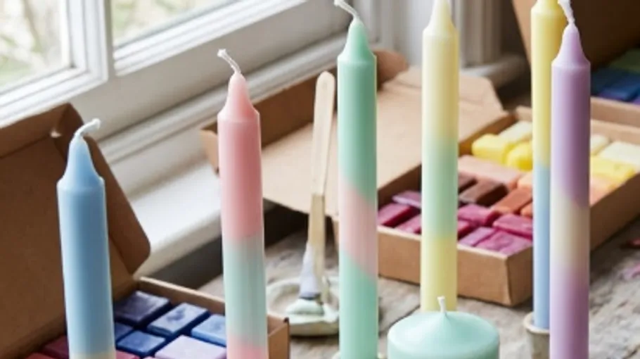 Bunte Kerzen auf einem Tisch mit Bastelbedarf.