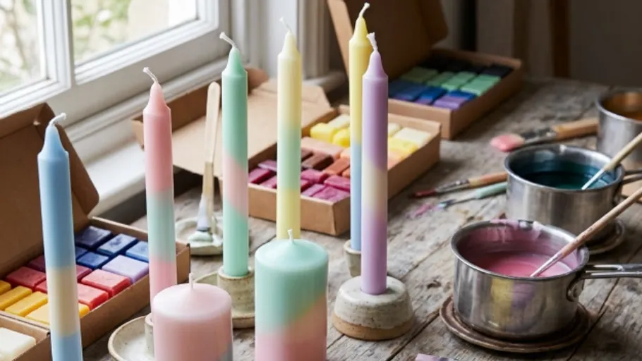 Colorful candles on wooden table with wax blocks.