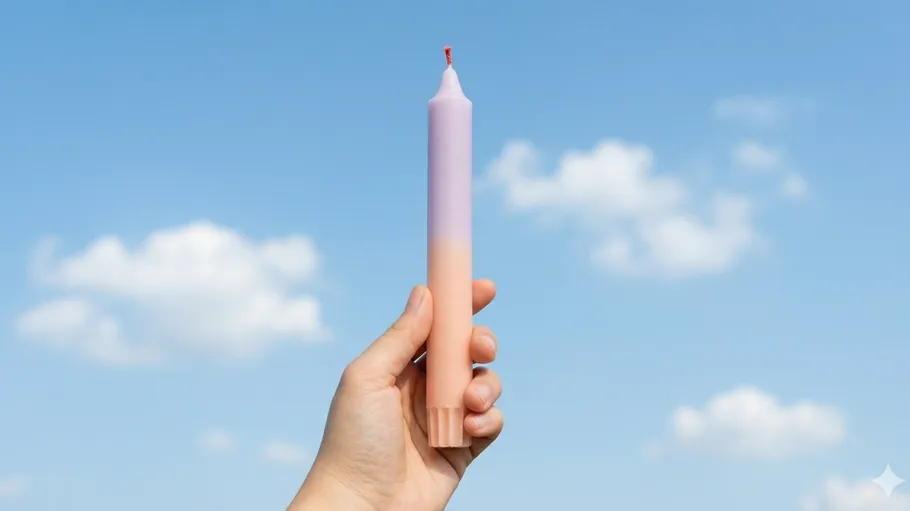 Hand hält bunte Kerze vor blauem Himmel.