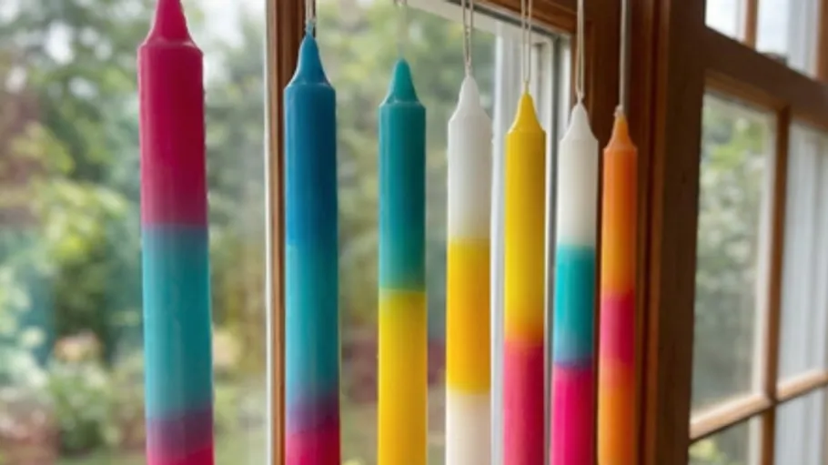 Bunte Kerzen hängen am Fenster, Außenbereich sichtbar.