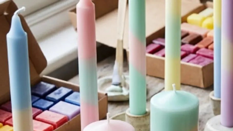 Colorful candles on a table with boxes