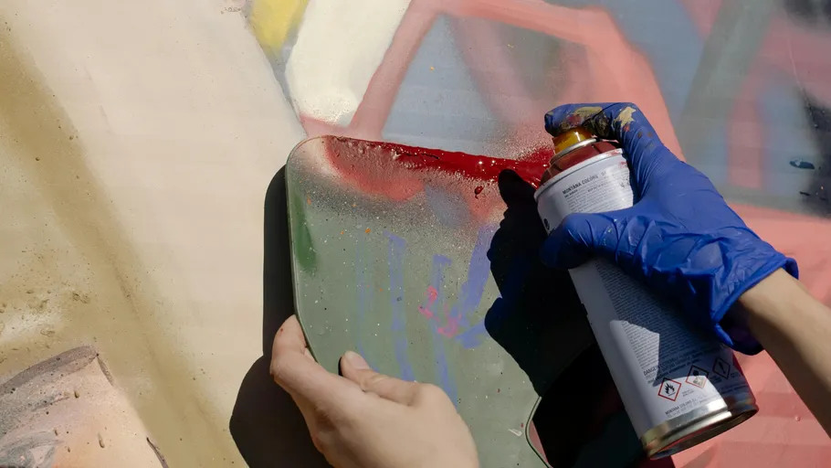Gloved hands spray-painting a wall with stencil.