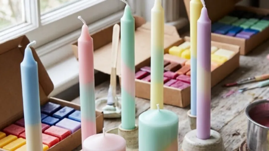 Colorful candles displayed on a wooden table.