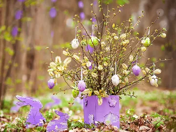 Colorful Easter tree in purple box, decorated in the forest.