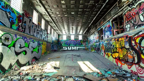 Abandoned pool with colorful graffiti indoors.