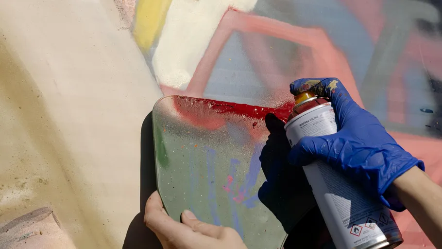 Hands spray-painting on colorful street mural.
