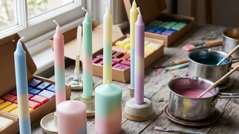 Bunte Kerzen und Wachs auf Holztisch.