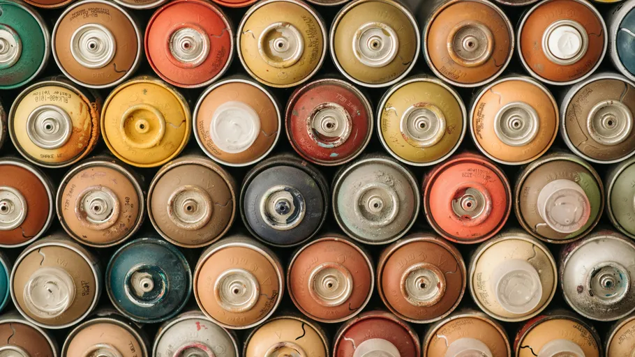 Array of colorful spray paint cans, top view.