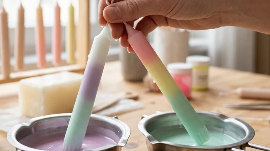Hand dipping candles into pastel-colored wax.